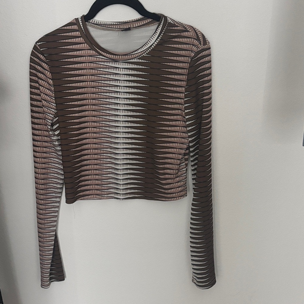 Striped Brown and White Long Sleeve Crop Top